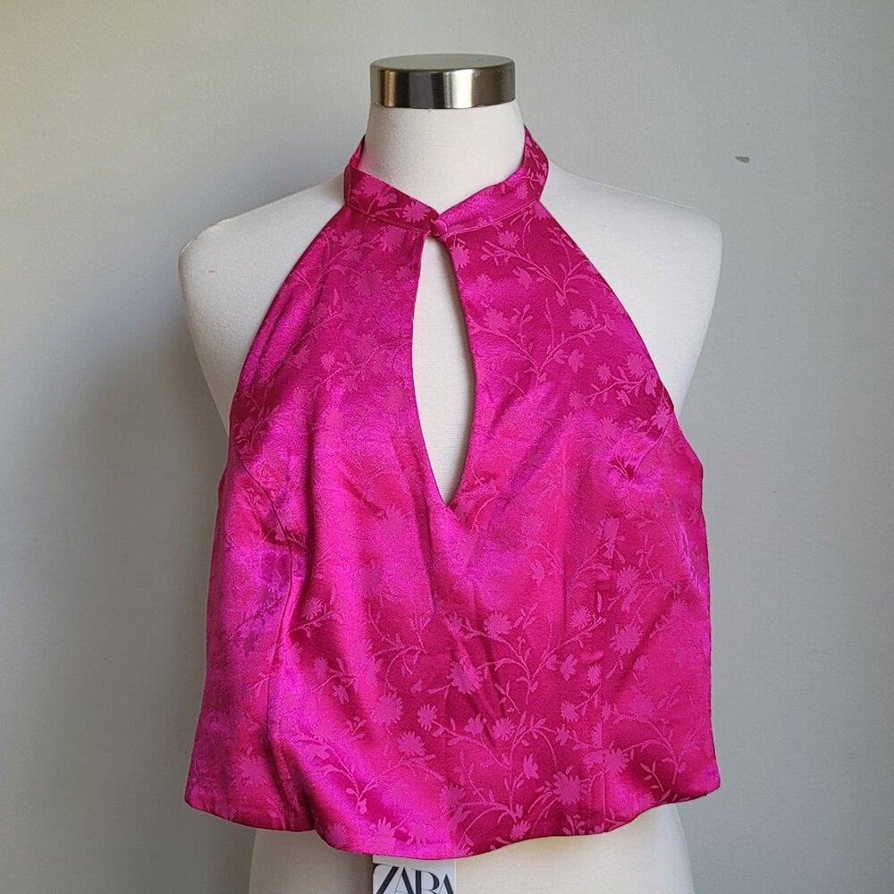 ZARA Jacquard Halter Corset Cropped Keyhole Top Button Side Zip Hot Pink Size L